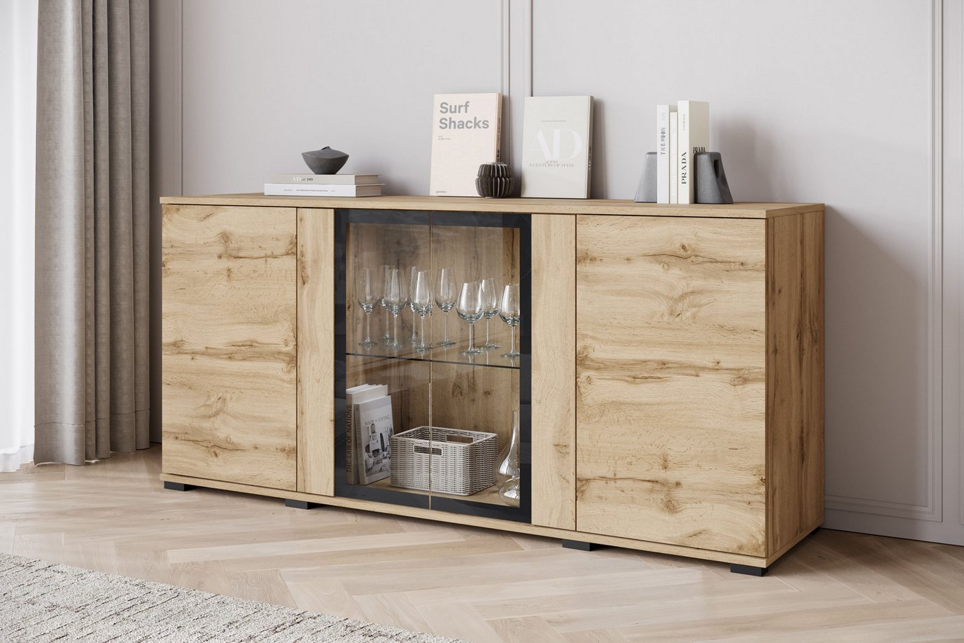 Home affaire Sideboard Caro, modernes Design mit Glaseinsätzen, Breite 150 cm (1 St), Grifflose Fronten mit Push-to-Open, höhenverstellbare Einlegeböden – Bild 3 von 5