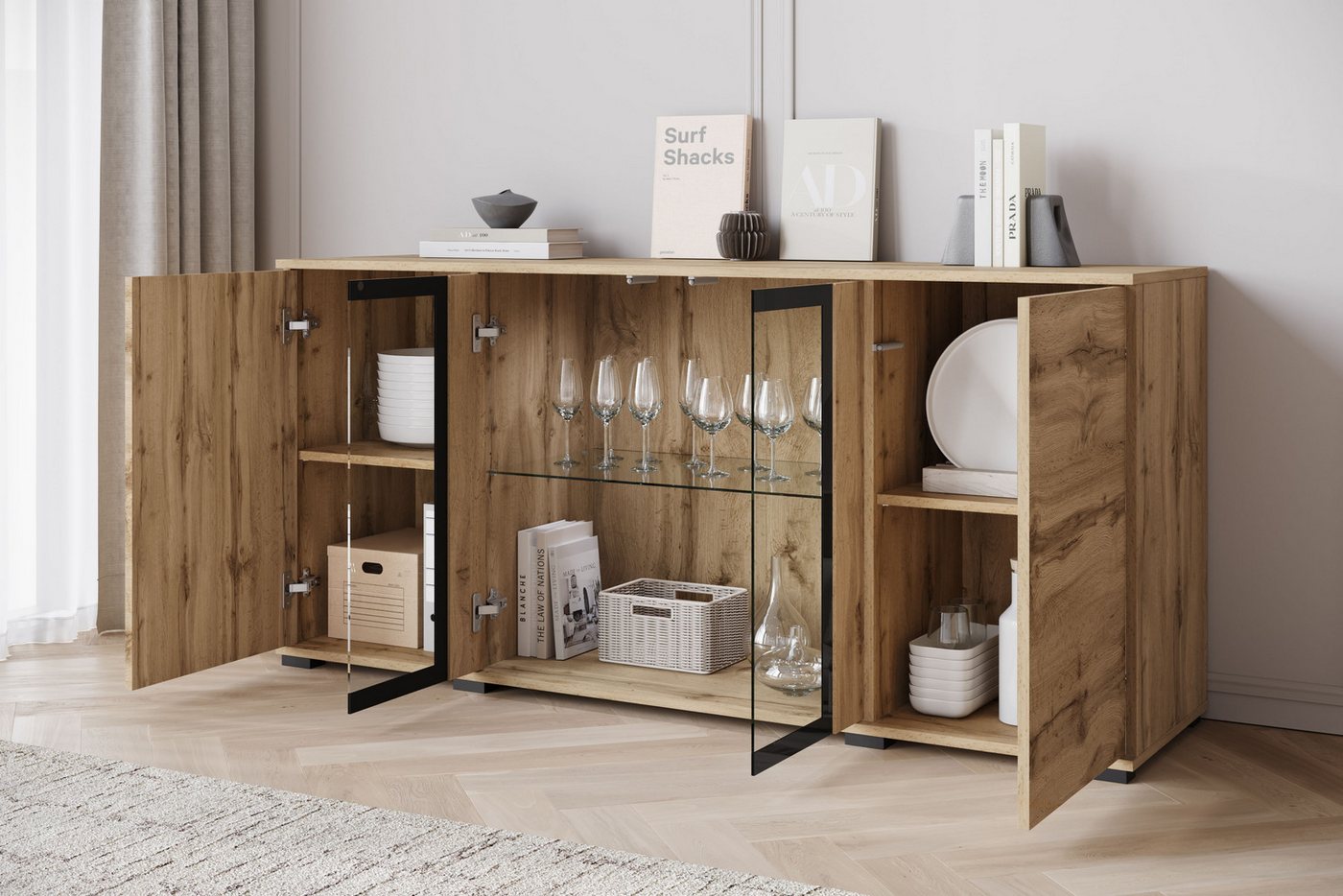 Home affaire Sideboard Caro, modernes Design mit Glaseinsätzen, Breite 150 cm (1 St), Grifflose Fronten mit Push-to-Open, höhenverstellbare Einlegeböden – Bild 4 von 5