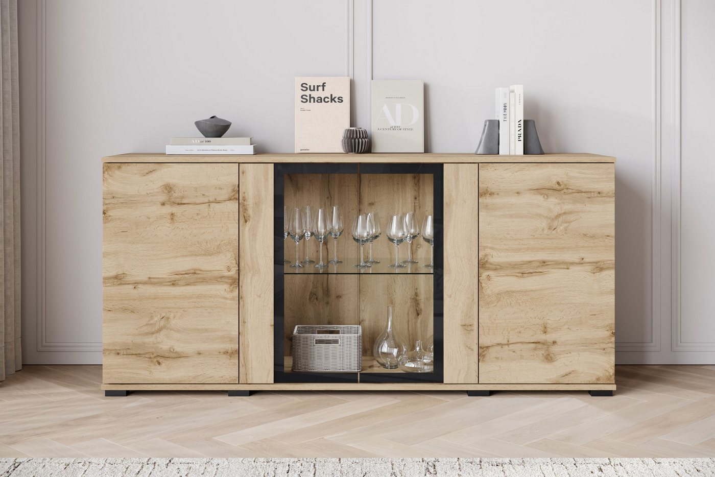 Home affaire Sideboard Caro, modernes Design mit Glaseinsätzen, Breite 150 cm (1 St), Grifflose Fronten mit Push-to-Open, höhenverstellbare Einlegeböden – Bild 5 von 5