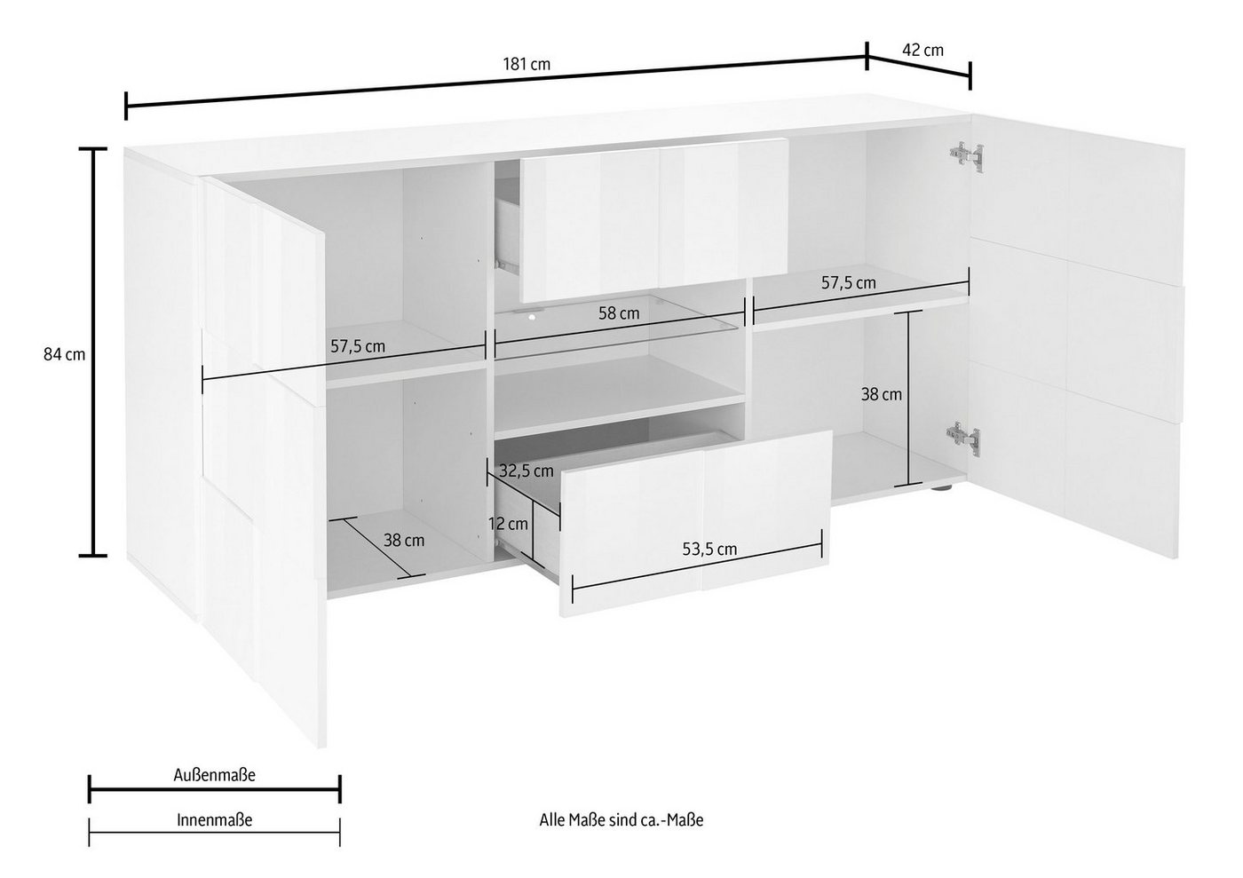 Home affaire Sideboard Dama Breite 181, Kommode 2 Türen u. 2 Schubkästen, Anrichte, Front in 3D-Optik, viel Stauraum, verschiedene Farben – Bild 5 von 5