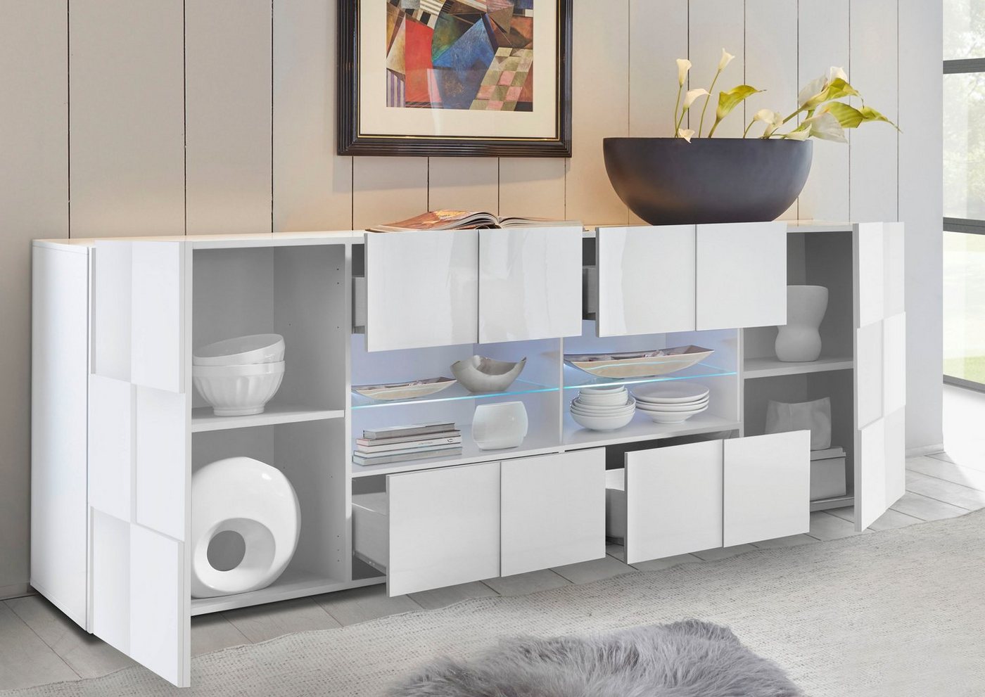 Home affaire Sideboard Dama Breite 241, Kommode 2 Türen u. 4 Schubkästen, Anrichte, Front in 3D-Optik, viel Stauraum, verschiedene Farben – Bild 4 von 5