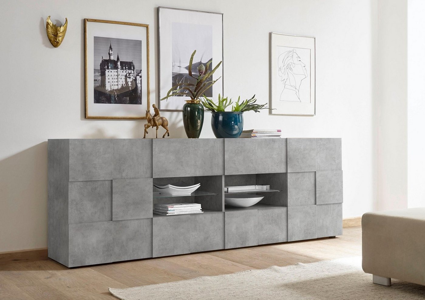 Home affaire Sideboard Dama Breite 241, Kommode 2 Türen u. 4 Schubkästen, Anrichte, Front in 3D-Optik, viel Stauraum, verschiedene Farben – Bild 2 von 5