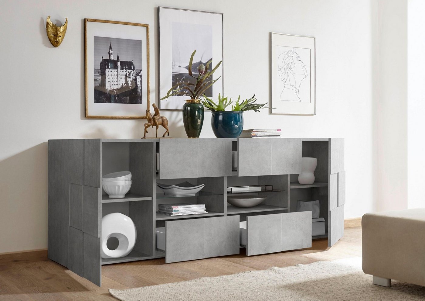 Home affaire Sideboard Dama Breite 241, Kommode 2 Türen u. 4 Schubkästen, Anrichte, Front in 3D-Optik, viel Stauraum, verschiedene Farben – Bild 3 von 5