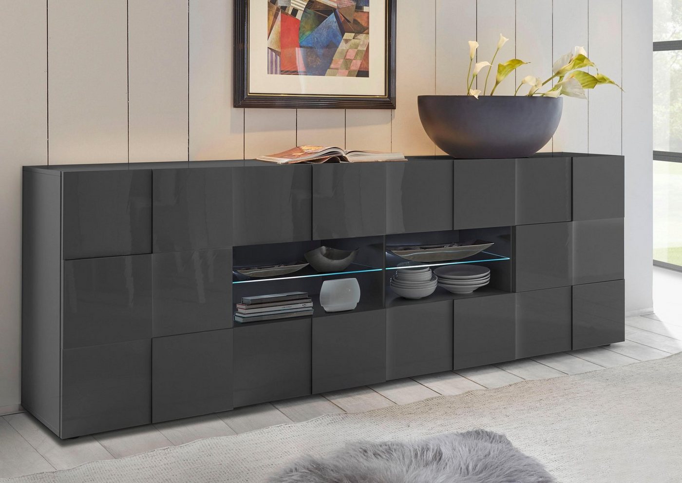 Home affaire Sideboard Dama Breite 241, Kommode 2 Türen u. 4 Schubkästen, Anrichte, Front in 3D-Optik, viel Stauraum, verschiedene Farben – Bild 2 von 5