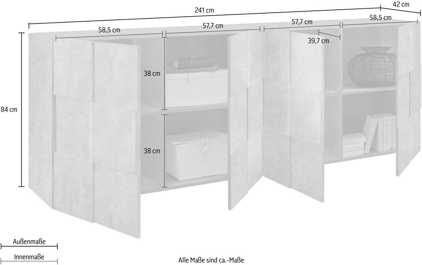 Home affaire Sideboard Dama Breite 241, Kommode 4 Türen, Anrichte, Front in 3D-Optik, viel Stauraum, verschiedene Farben – Bild 4 von 5