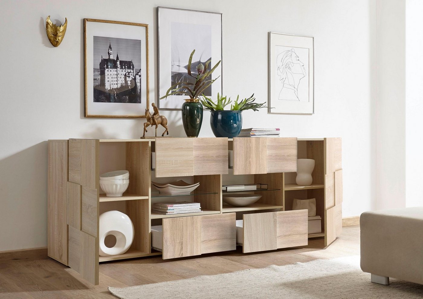 Home affaire Sideboard Dama Breite 241, Kommode 2 Türen u. 4 Schubkästen, Anrichte, Front in 3D-Optik, viel Stauraum, verschiedene Farben – Bild 3 von 5