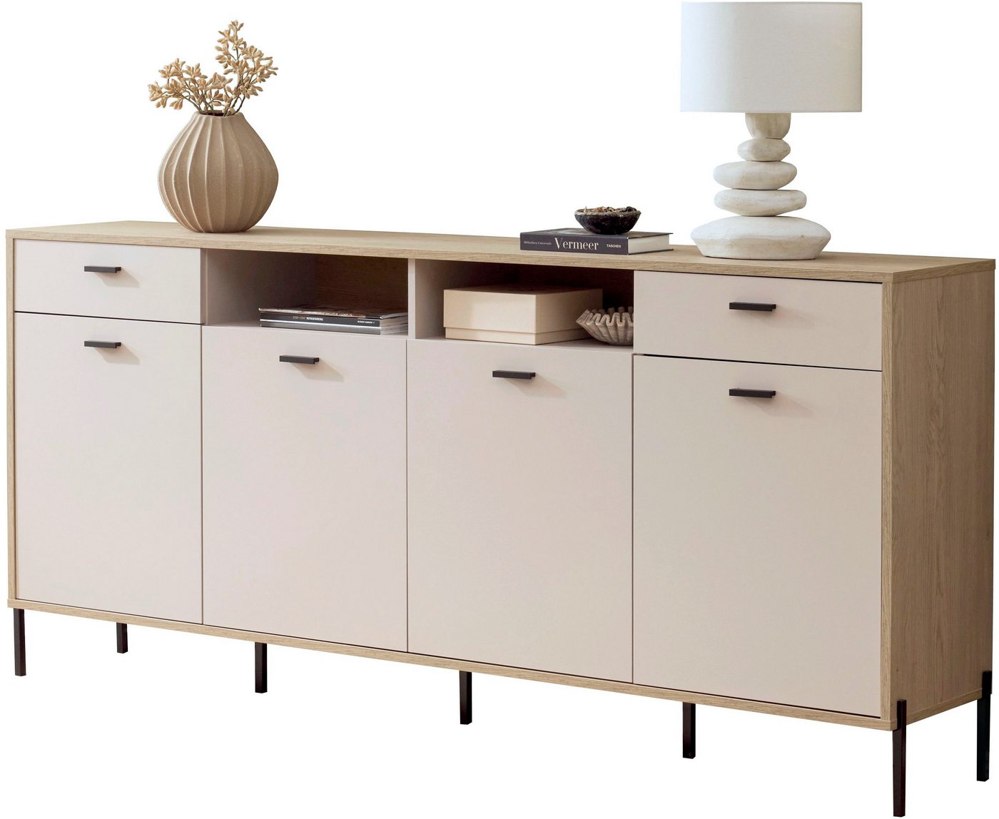 Home affaire Sideboard Fredericia, moderne Kommode, Schrank in Kaschmir, 205 cm breit, zeitlos, schwarze Metallgriffe und -füße, ausreichend Stauraum – Bild 4 von 5