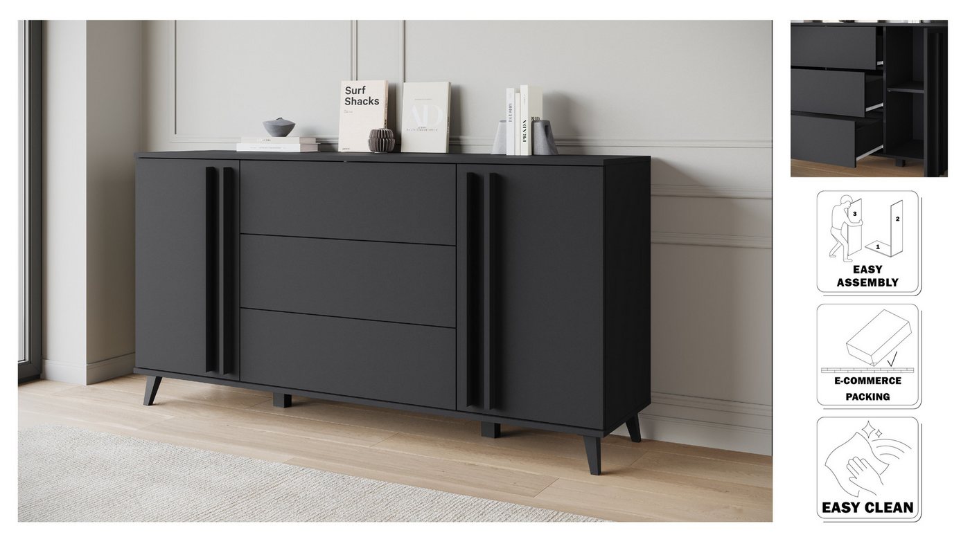 Home affaire Sideboard Helsinki, Kommode mit 2 Türen und 3 Schubladen, Breite 150 cm (1 St), Push-to-Open-Schubladen, höhenverstellbare Einlegeböden – Bild 3 von 5