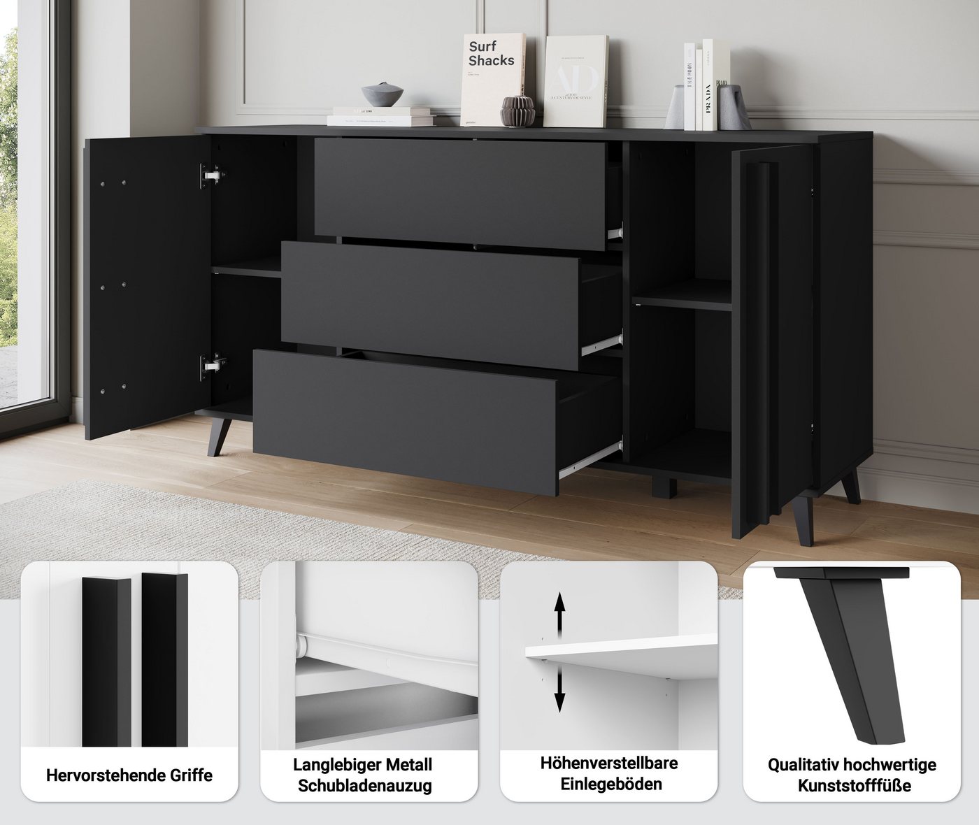 Home affaire Sideboard Helsinki, Kommode mit 2 Türen und 3 Schubladen, Breite 150 cm (1 St), Push-to-Open-Schubladen, höhenverstellbare Einlegeböden – Bild 4 von 5