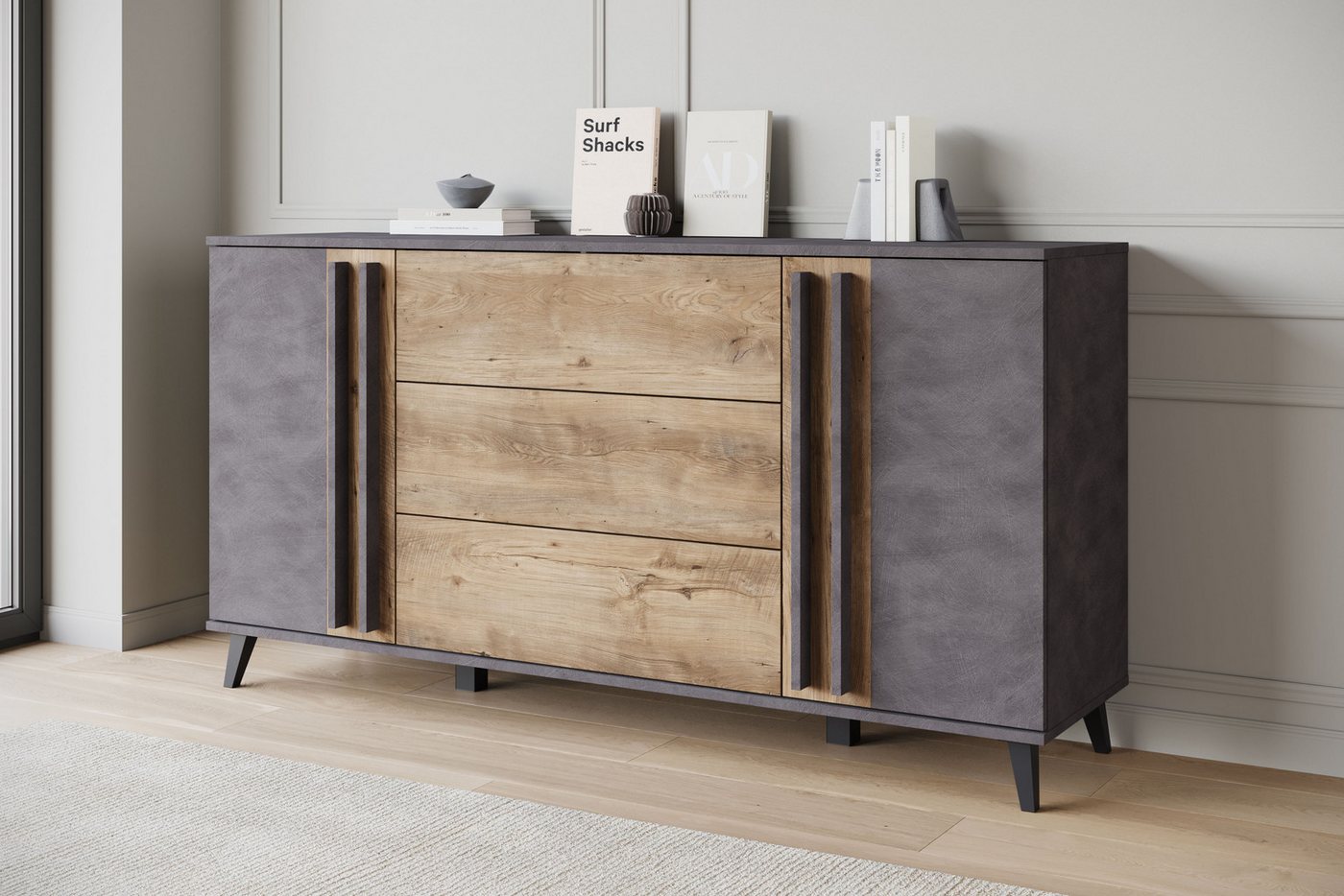 Home affaire Sideboard Helsinki, Kommode mit 2 Türen und 3 Schubladen, Breite 150 cm (1 St), Push-to-Open-Schubladen, höhenverstellbare Einlegeböden – Bild 4 von 5