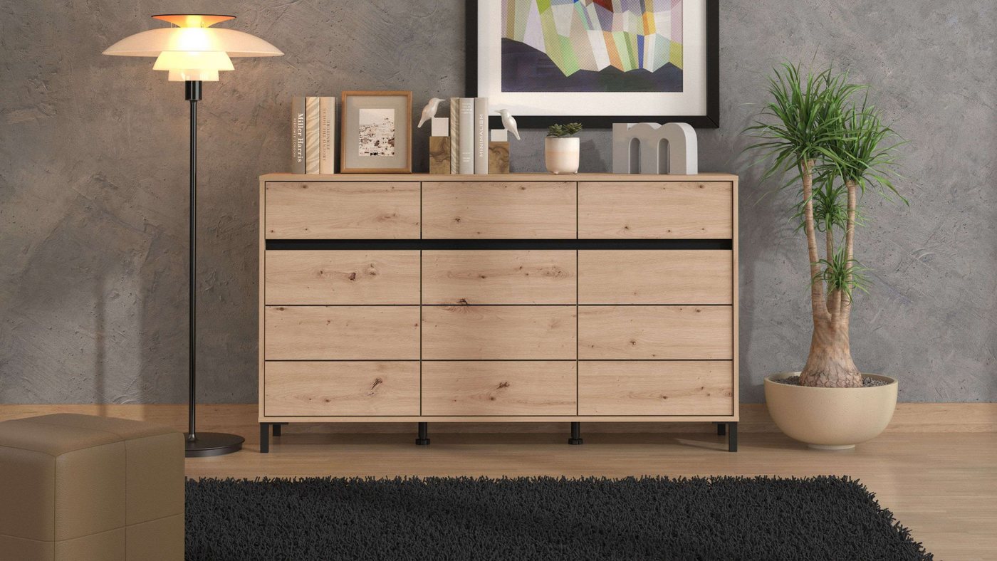Home affaire Sideboard Marron, Kommode, vielseitig einsetzbar, Breite/Höhe 157/90 cm, mit 3 Schubladen, 2 Fächer hinter jeder Tür – Bild 2 von 5