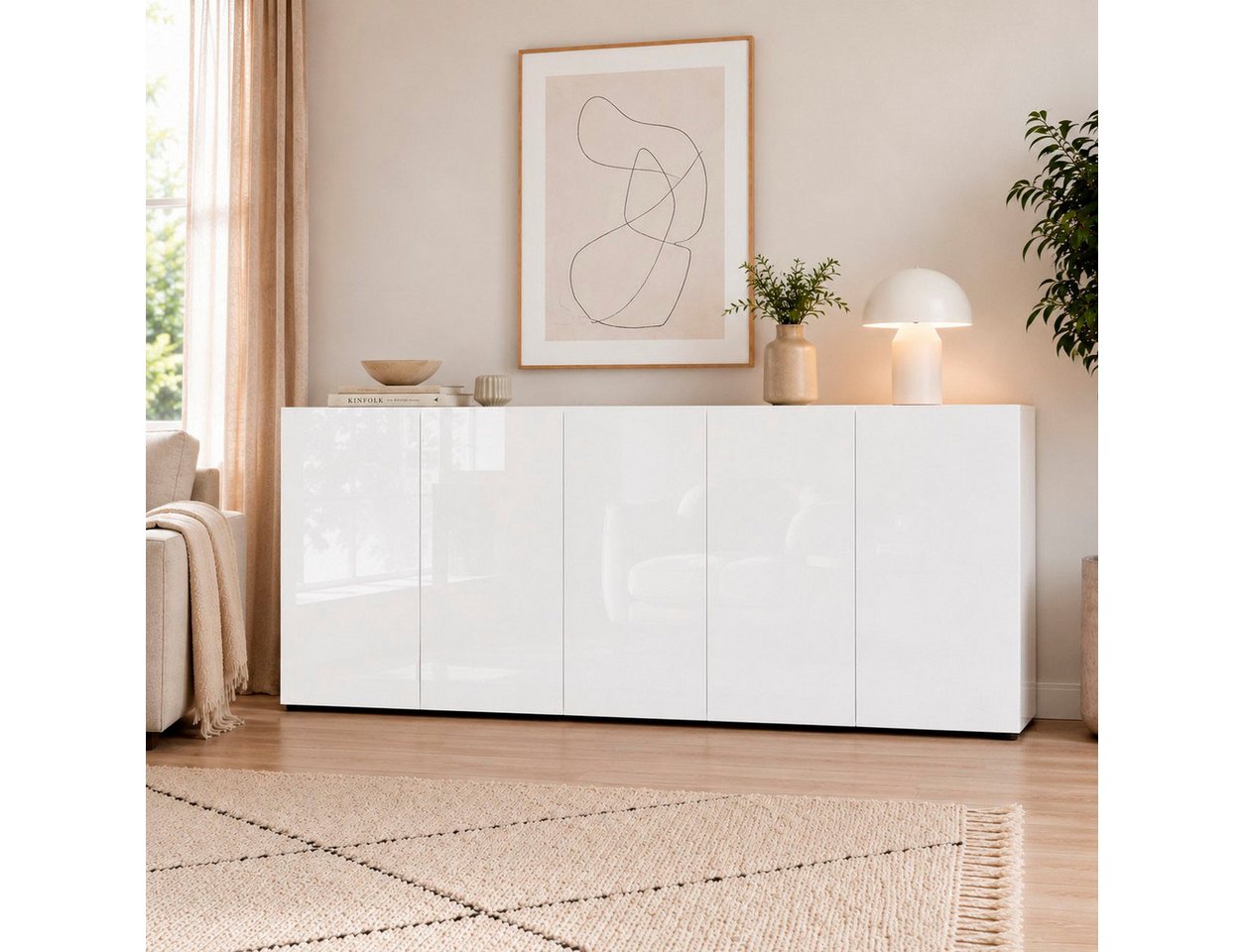 Home affaire Sideboard MISTER – Schrank, Kommode, 225 cm breit, 80 cm hoch, Made in Italy, komplett Hochglanz lackiert, 5 Türen, 6 Fächer – Bild 2 von 5