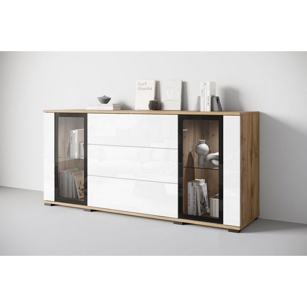 Home affaire Sideboard modernes Design mit Glaseinsätzen und 3 Schubladen, Breite 150 cm (1 St), Grifflose Fronten mit Push-to-Open, höhenverstellbare Einlegebö
