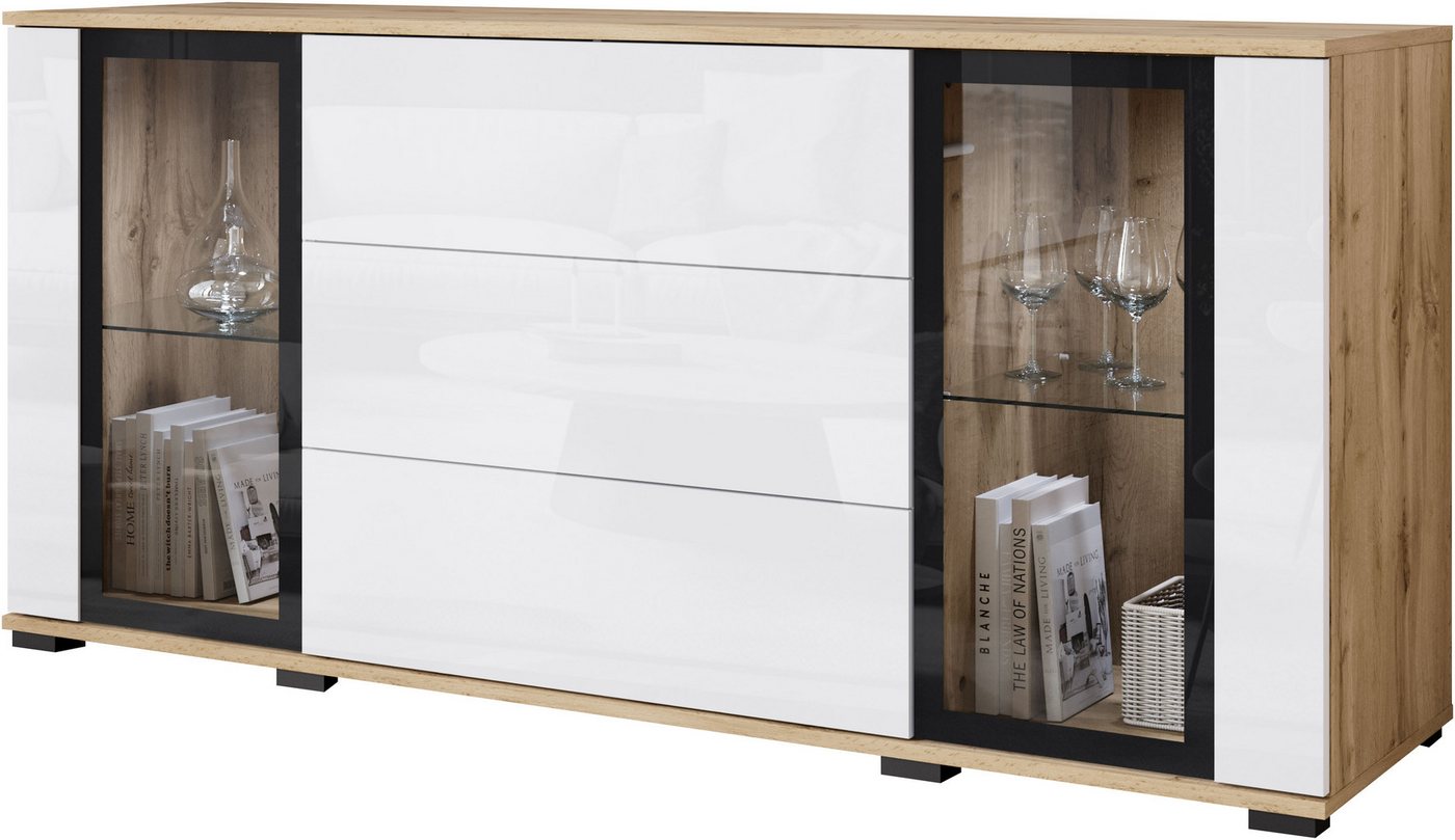 Home affaire Sideboard modernes Design mit Glaseinsätzen und 3 Schubladen, Breite 150 cm (1 St), Grifflose Fronten mit Push-to-Open, höhenverstellbare Einlegebö – Bild 2 von 5