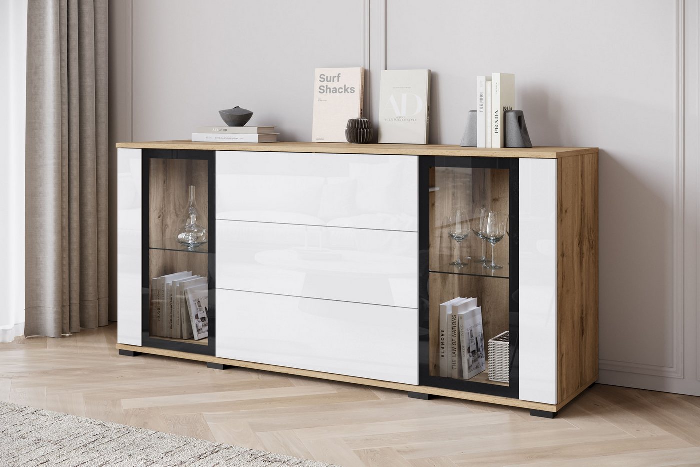 Home affaire Sideboard modernes Design mit Glaseinsätzen und 3 Schubladen, Breite 150 cm (1 St), Grifflose Fronten mit Push-to-Open, höhenverstellbare Einlegebö – Bild 4 von 5