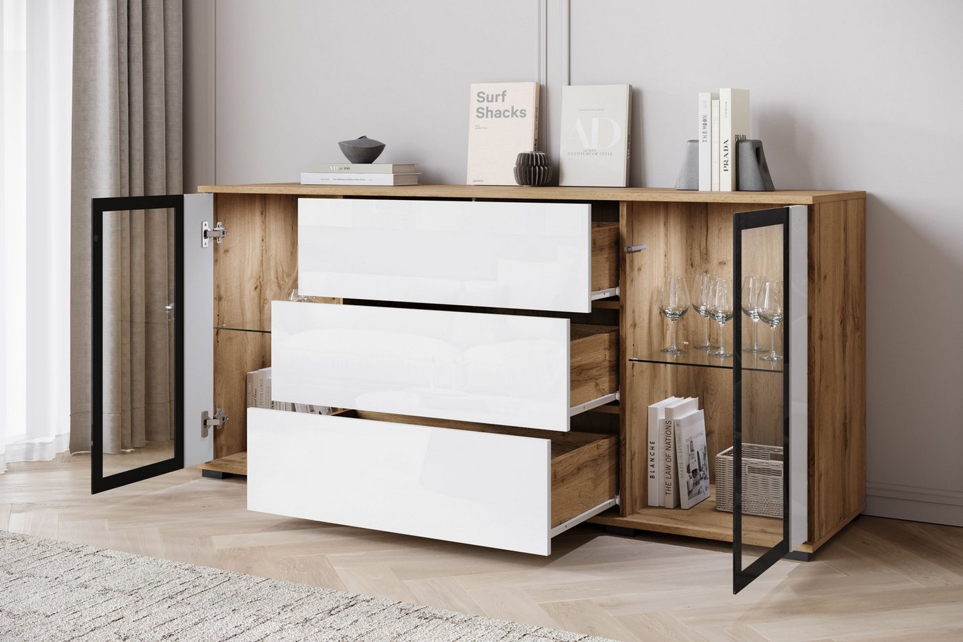 Home affaire Sideboard modernes Design mit Glaseinsätzen und 3 Schubladen, Breite 150 cm (1 St), Grifflose Fronten mit Push-to-Open, höhenverstellbare Einlegebö – Bild 5 von 5