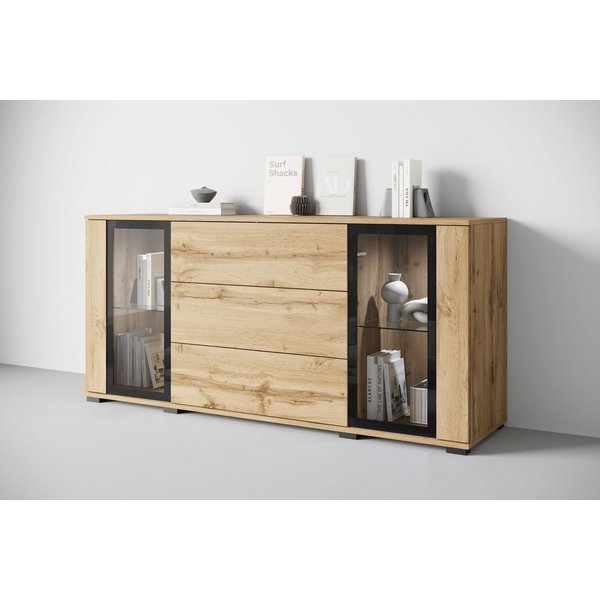 Home affaire Sideboard modernes Design mit Glaseinsätzen und 3 Schubladen, Breite 150 cm (1 St), Grifflose Fronten mit Push-to-Open, höhenverstellbare Einlegebö