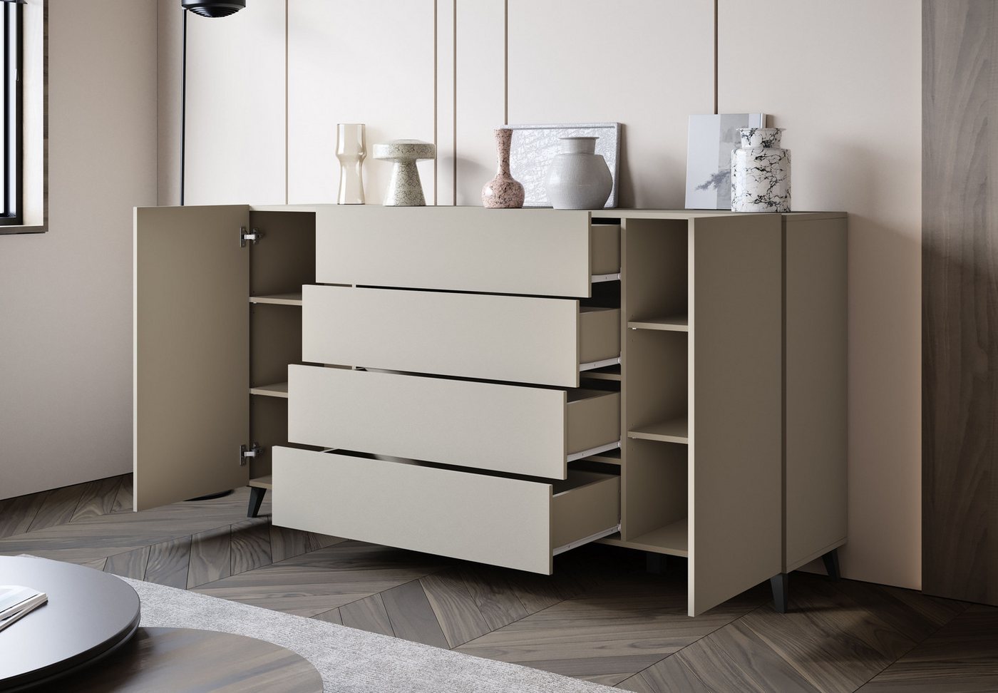 Home affaire Sideboard Phuket 180 cm breit, modernes Design mit Stauraum (1 St), Kommode mit 2 Türen, 4 Schubladen und verstellbaren Einlegeböden – Bild 5 von 5