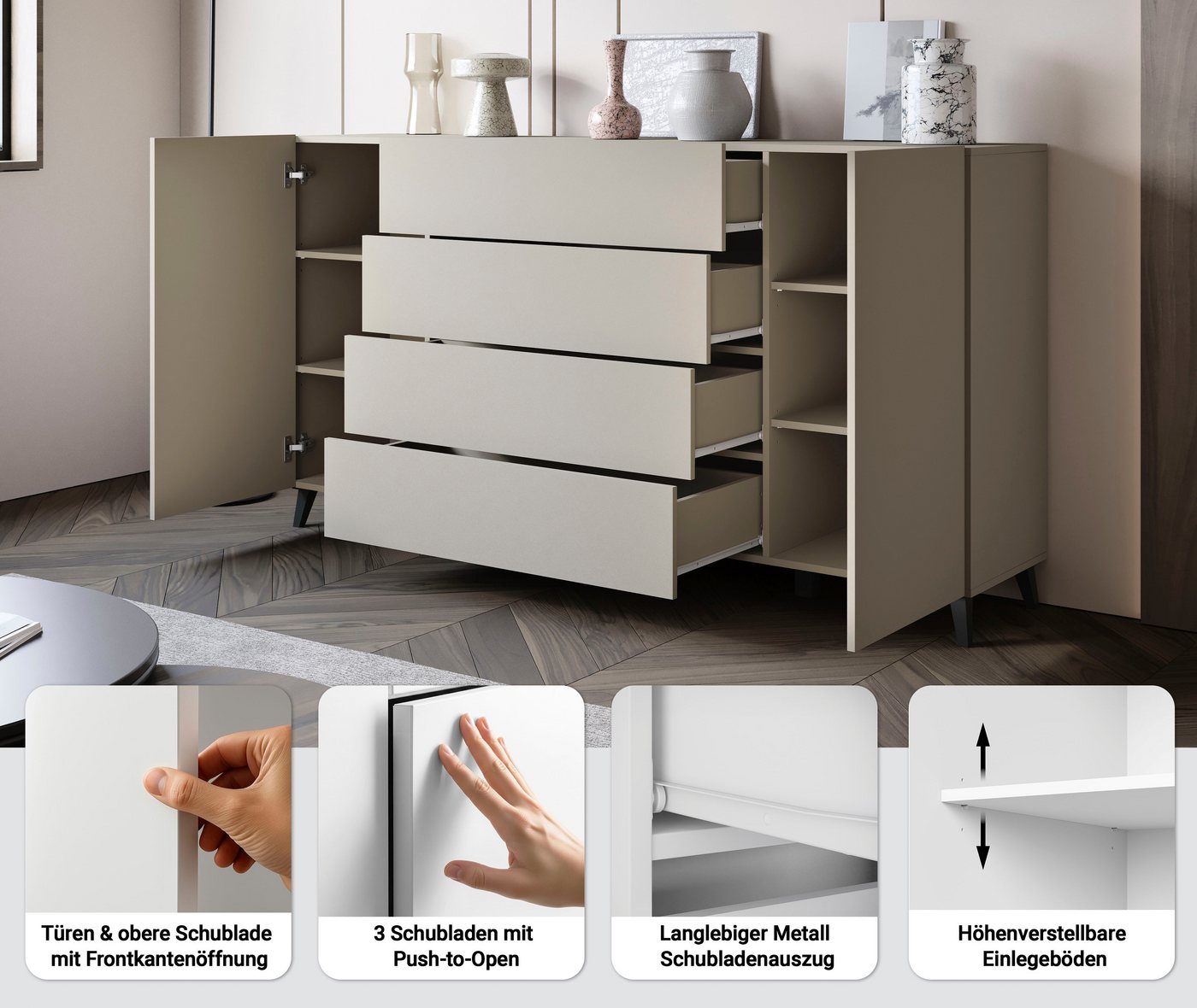 Home affaire Sideboard Phuket 180 cm breit, modernes Design mit Stauraum (1 St), Kommode mit 2 Türen, 4 Schubladen und verstellbaren Einlegeböden – Bild 3 von 5