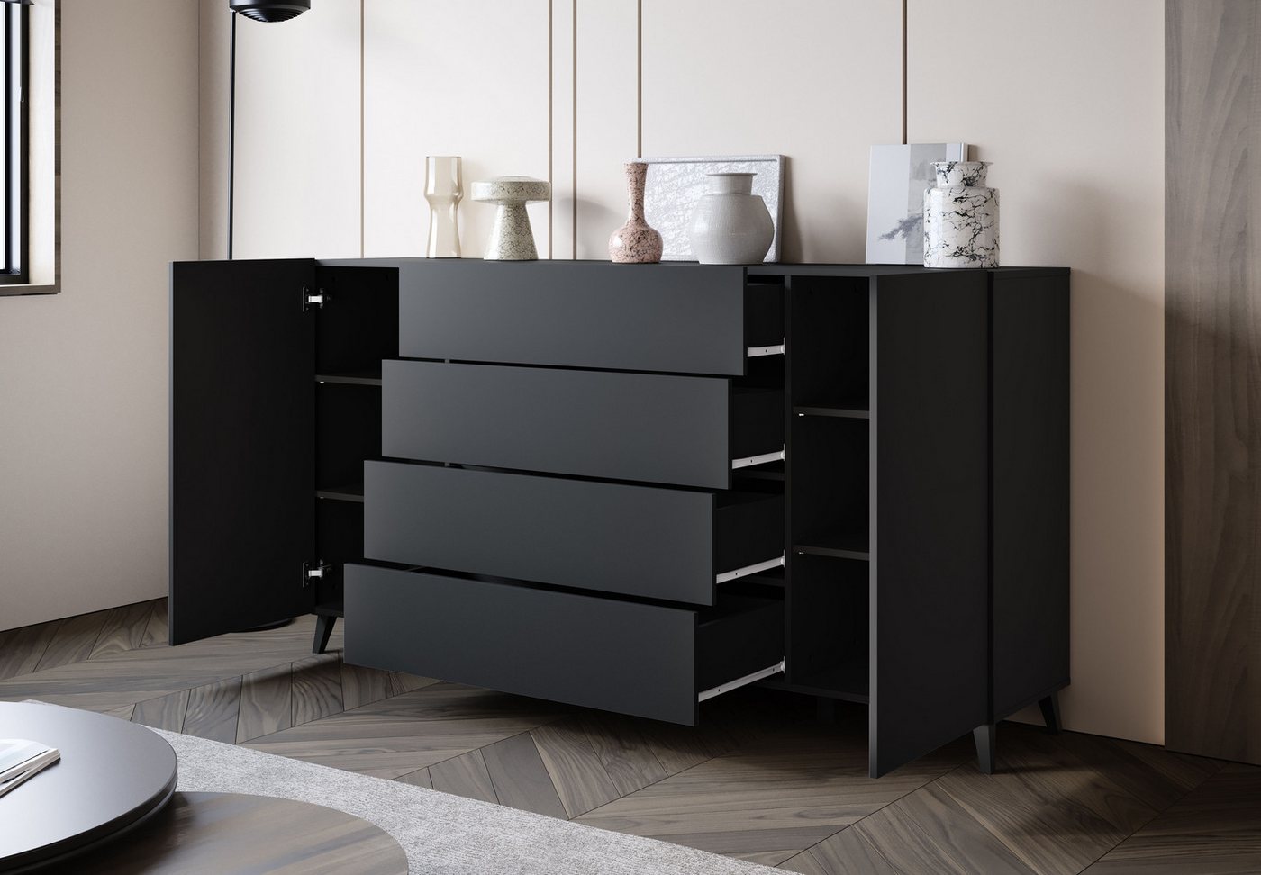 Home affaire Sideboard Phuket 180 cm breit, modernes Design mit Stauraum (1 St), Kommode mit 2 Türen, 4 Schubladen und verstellbaren Einlegeböden – Bild 5 von 5