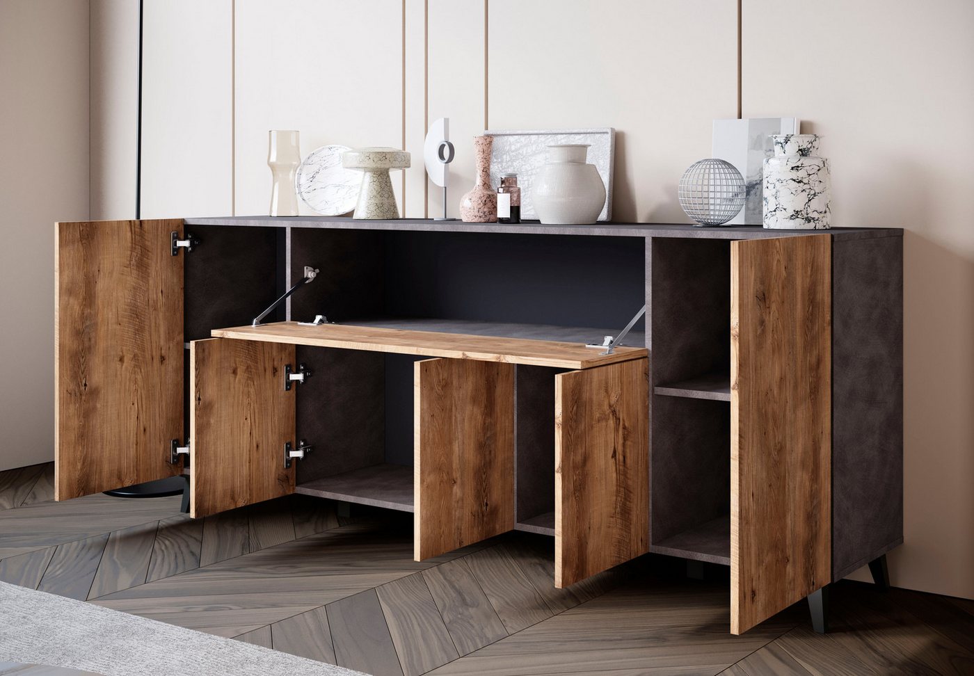 Home affaire Sideboard SIDEBOARD PHUKET II, Stilvolle, grifflose kommode, Breite 180cm, Mit 5 Türen, 1 Klappe, 7 Fächern und höhenverstellbaren Einlegeböden – Bild 5 von 5