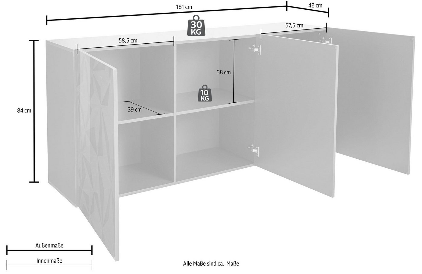Home affaire Sideboard Prisma Breite 181, Kommode 3 Türen, Anrichte, Front mit elegantem Siebdruck, grifflos, viel Stauraum – Bild 5 von 5