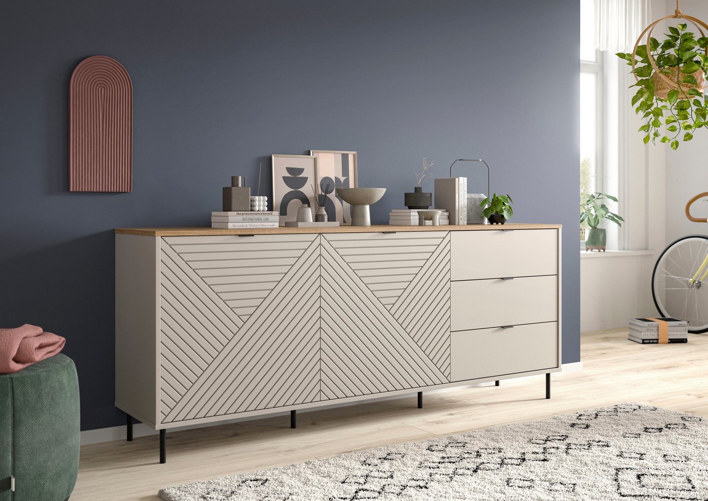 Home affaire Sideboard RAITA, Breite 184 cm, Front mit Desgin-Fräsung, 2 Türen, viel Stauraum (moderne Farbkombi, individuell einsetzbar, Griffe & Füße aus Meta – Bild 2 von 5