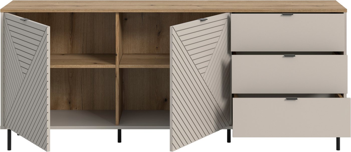 Home affaire Sideboard RAITA, Breite 184 cm, Front mit Desgin-Fräsung, 2 Türen, viel Stauraum (moderne Farbkombi, individuell einsetzbar, Griffe & Füße aus Meta – Bild 4 von 5