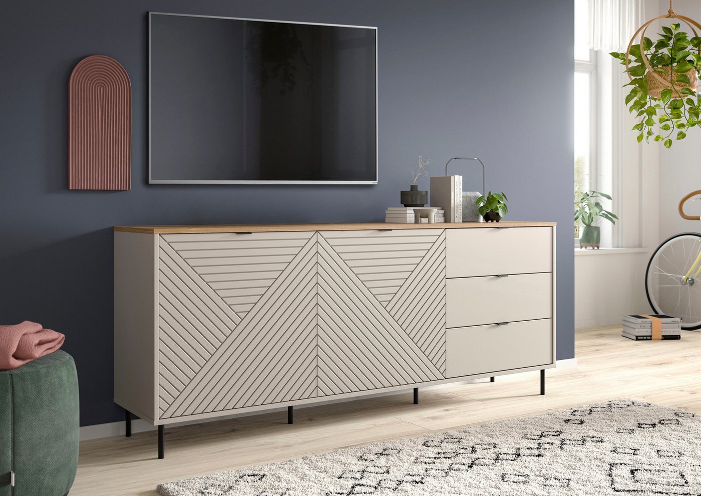 Home affaire Sideboard RAITA, Breite 184 cm, Front mit Desgin-Fräsung, 2 Türen, viel Stauraum (moderne Farbkombi, individuell einsetzbar, Griffe & Füße aus Meta – Bild 5 von 5