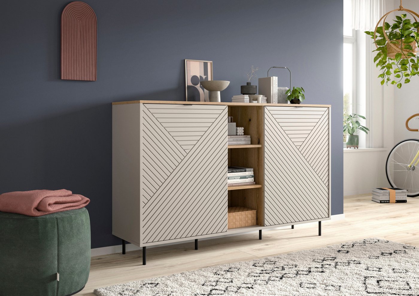 Home affaire Sideboard RAITA, Breite 154 cm, Front mit Desgin-Fräsung, 2 Türen, viel Stauraum (moderne Farbkombi, individuell einsetzbar, Griffe & Füße aus Meta – Bild 2 von 5