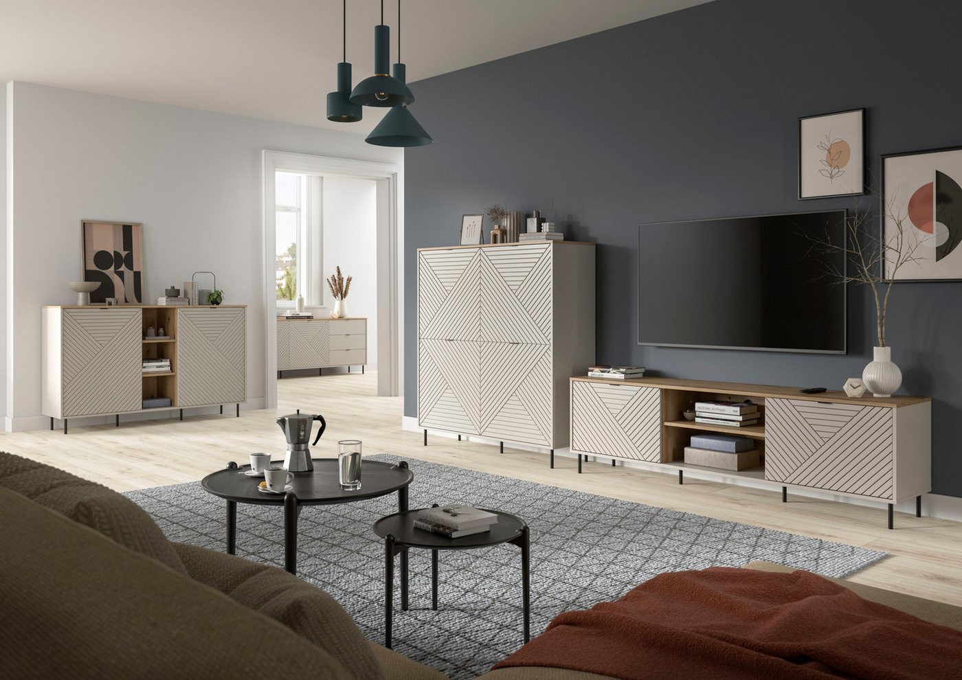 Home affaire Sideboard RAITA, Breite 154 cm, Front mit Desgin-Fräsung, 2 Türen, viel Stauraum (moderne Farbkombi, individuell einsetzbar, Griffe & Füße aus Meta – Bild 5 von 5