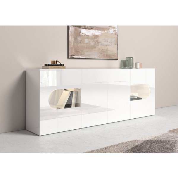 Home affaire Sideboard Real,Vitrine,Kommode,Schrank,komplett weiß hochglanz lackiert, mit 4 Türen davon 2 Glastüren und 1 Schublade ohne Griff Breite 220cm