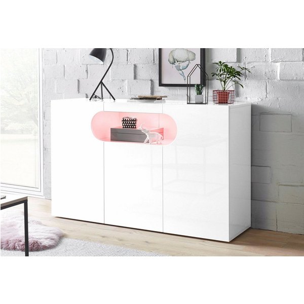 Home affaire Sideboard Real,Kommode,Schrank,Breite 130 cm komplett weiß hochglanz lackiert, mit 3 Türen davon 2 abgerundet, die ein ovales offenes Fach bilden