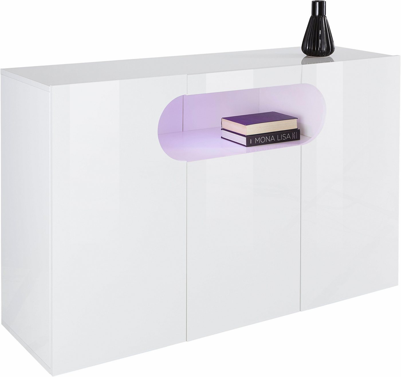 Home affaire Sideboard Real,Kommode,Schrank,Breite 130 cm komplett weiß hochglanz lackiert, mit 3 Türen davon 2 abgerundet, die ein ovales offenes Fach bilden – Bild 2 von 5