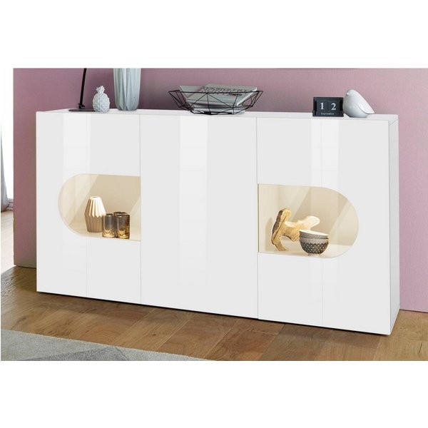 Home affaire Sideboard Real,Vitrine,Kommode,Schrank, komplett hochglanz lackiert, weiß Hochglanz lackiert mit 3 Türen davon 2 Glastüren, Breite 150
