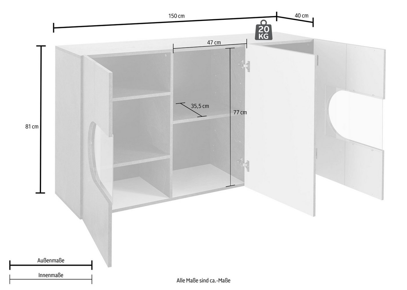 Home affaire Sideboard Real,Vitrine,Kommode,Schrank, komplett hochglanz lackiert, weiß Hochglanz lackiert mit 3 Türen davon 2 Glastüren, Breite 150 – Bild 3 von 5