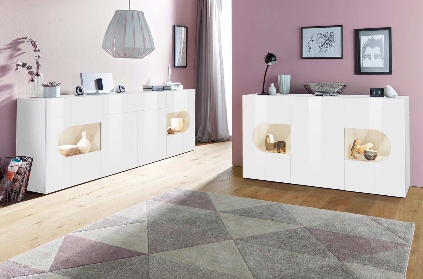 Home affaire Sideboard Real,Vitrine,Kommode,Schrank, komplett hochglanz lackiert, weiß Hochglanz lackiert mit 3 Türen davon 2 Glastüren, Breite 150 – Bild 4 von 5