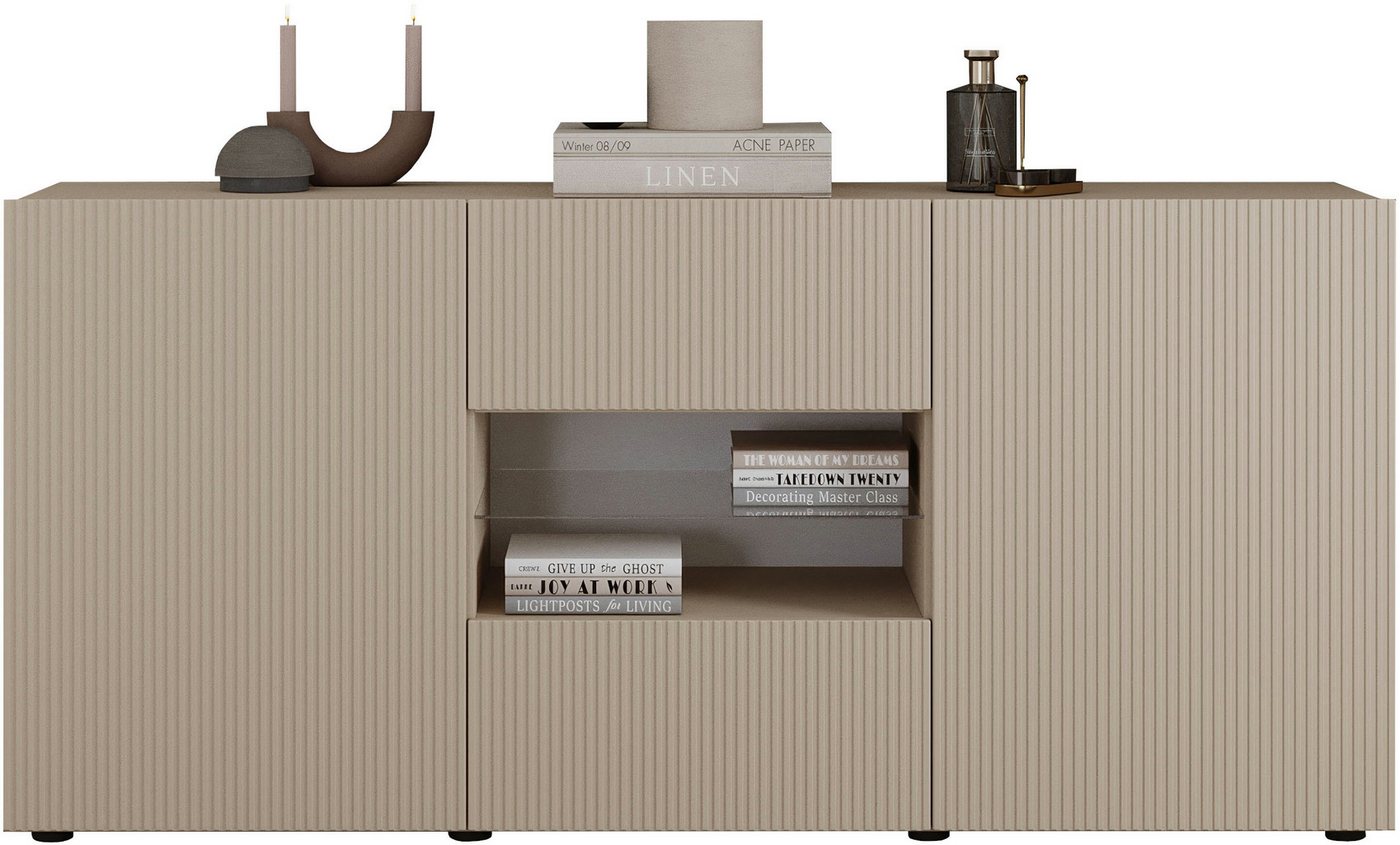 Home affaire Sideboard Rio Breite 181 cm, Kommode mit 2 Türen u. 2 Schubkästen, geriffelte MDF-Fronten, modern u. elegant, viel Stauraum – Bild 2 von 5