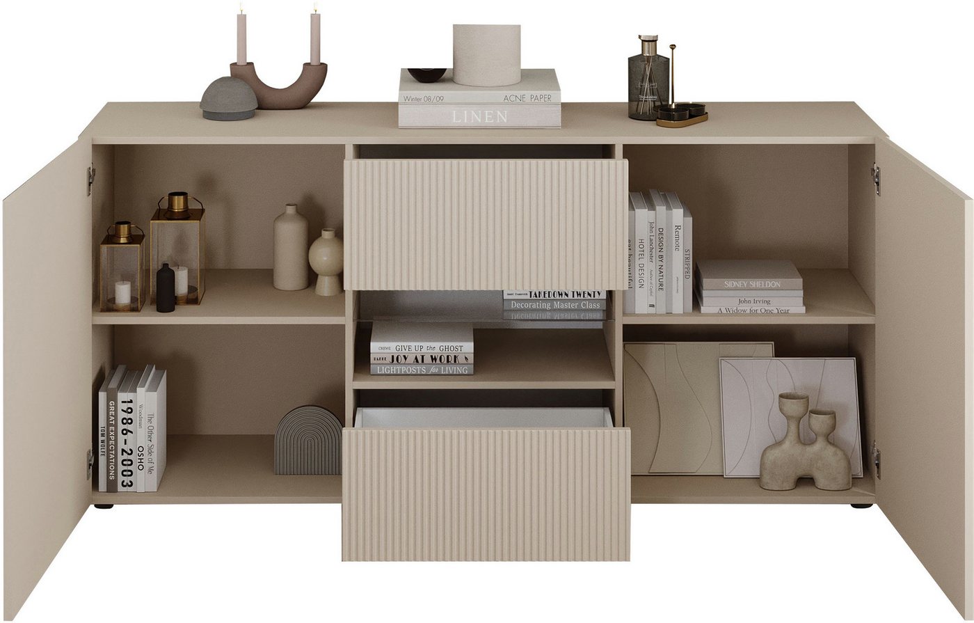 Home affaire Sideboard Rio Breite 181 cm, Kommode mit 2 Türen u. 2 Schubkästen, geriffelte MDF-Fronten, modern u. elegant, viel Stauraum – Bild 3 von 5