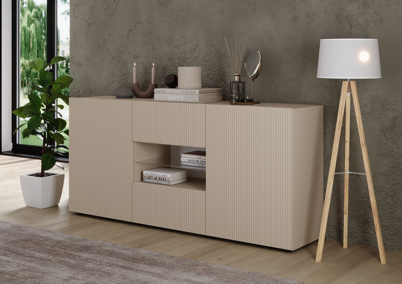 Home affaire Sideboard Rio Breite 181 cm, Kommode mit 2 Türen u. 2 Schubkästen, geriffelte MDF-Fronten, modern u. elegant, viel Stauraum – Bild 4 von 5