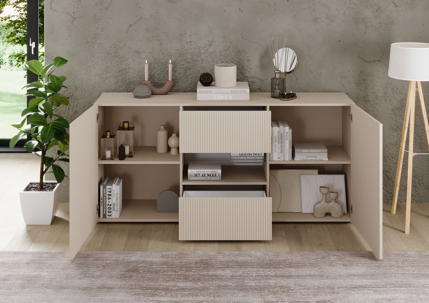 Home affaire Sideboard Rio Breite 181 cm, Kommode mit 2 Türen u. 2 Schubkästen, geriffelte MDF-Fronten, modern u. elegant, viel Stauraum – Bild 5 von 5
