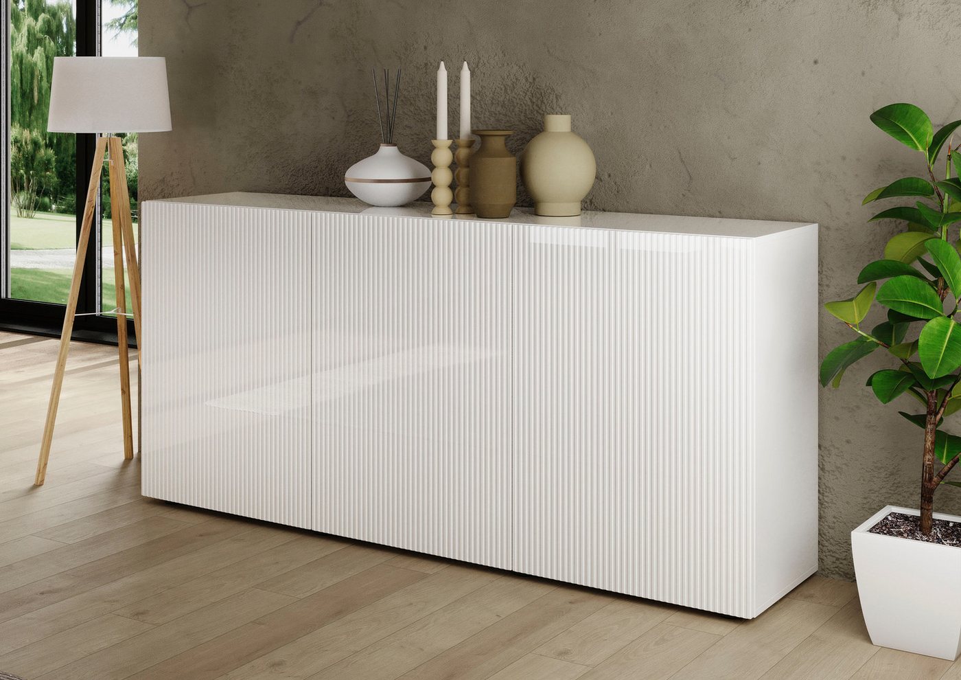 Home affaire Sideboard Rio Breite 181 cm, Kommode mit 3 Türen, Anrichte, geriffelte MDF-Fronten, modern u. elegant, viel Stauraum – Bild 4 von 5