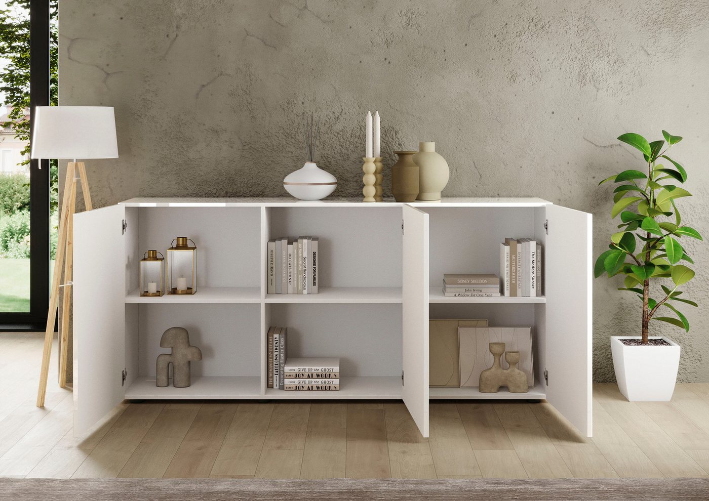 Home affaire Sideboard Rio Breite 181 cm, Kommode mit 3 Türen, Anrichte, geriffelte MDF-Fronten, modern u. elegant, viel Stauraum – Bild 5 von 5