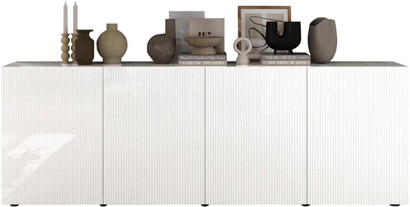 Home affaire Sideboard Rio Breite 240 cm, Kommode mit 4 Türen, Anrichte, geriffelte MDF-Fronten, modern u. elegant, viel Stauraum – Bild 2 von 5