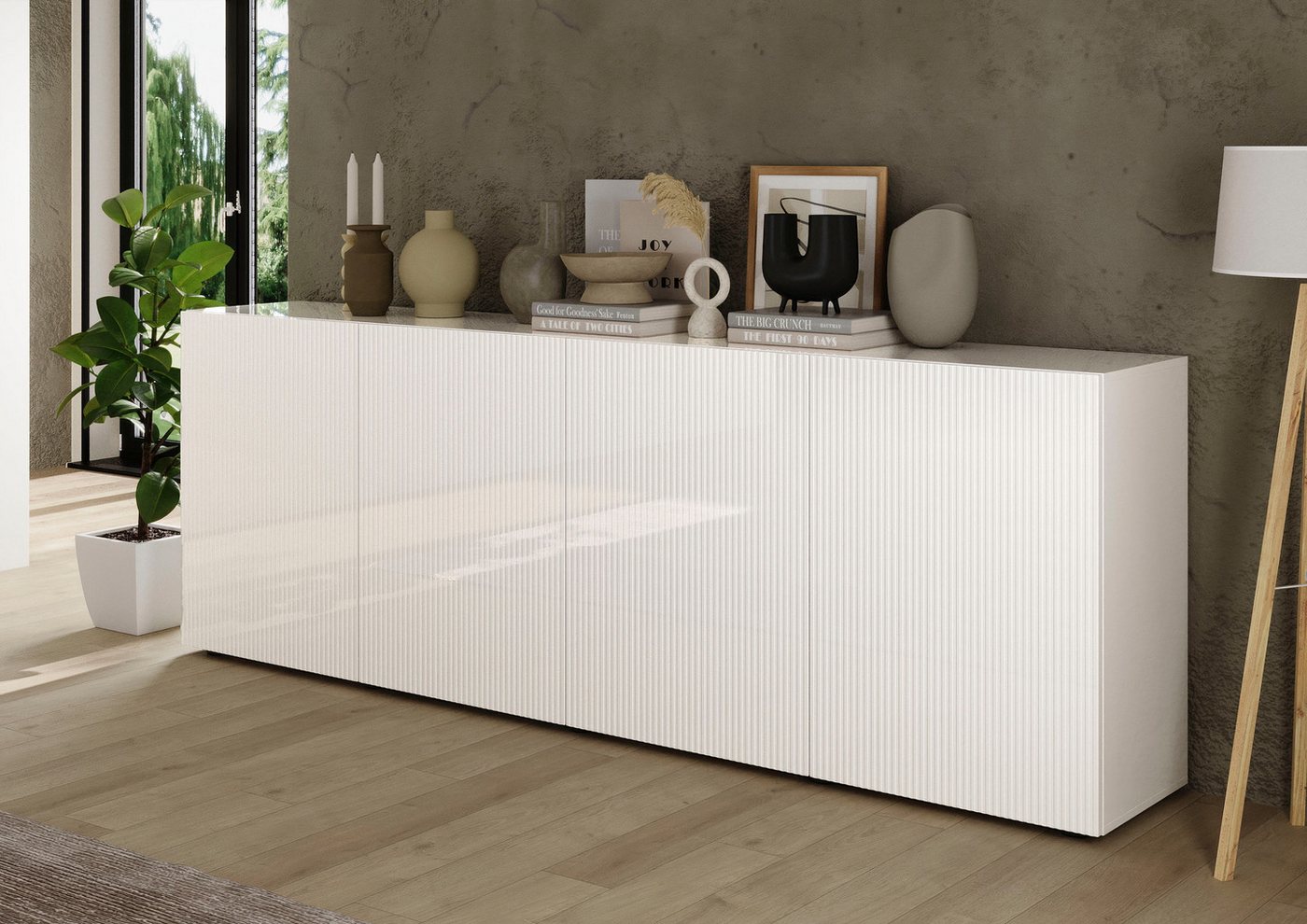 Home affaire Sideboard Rio Breite 240 cm, Kommode mit 4 Türen, Anrichte, geriffelte MDF-Fronten, modern u. elegant, viel Stauraum – Bild 4 von 5