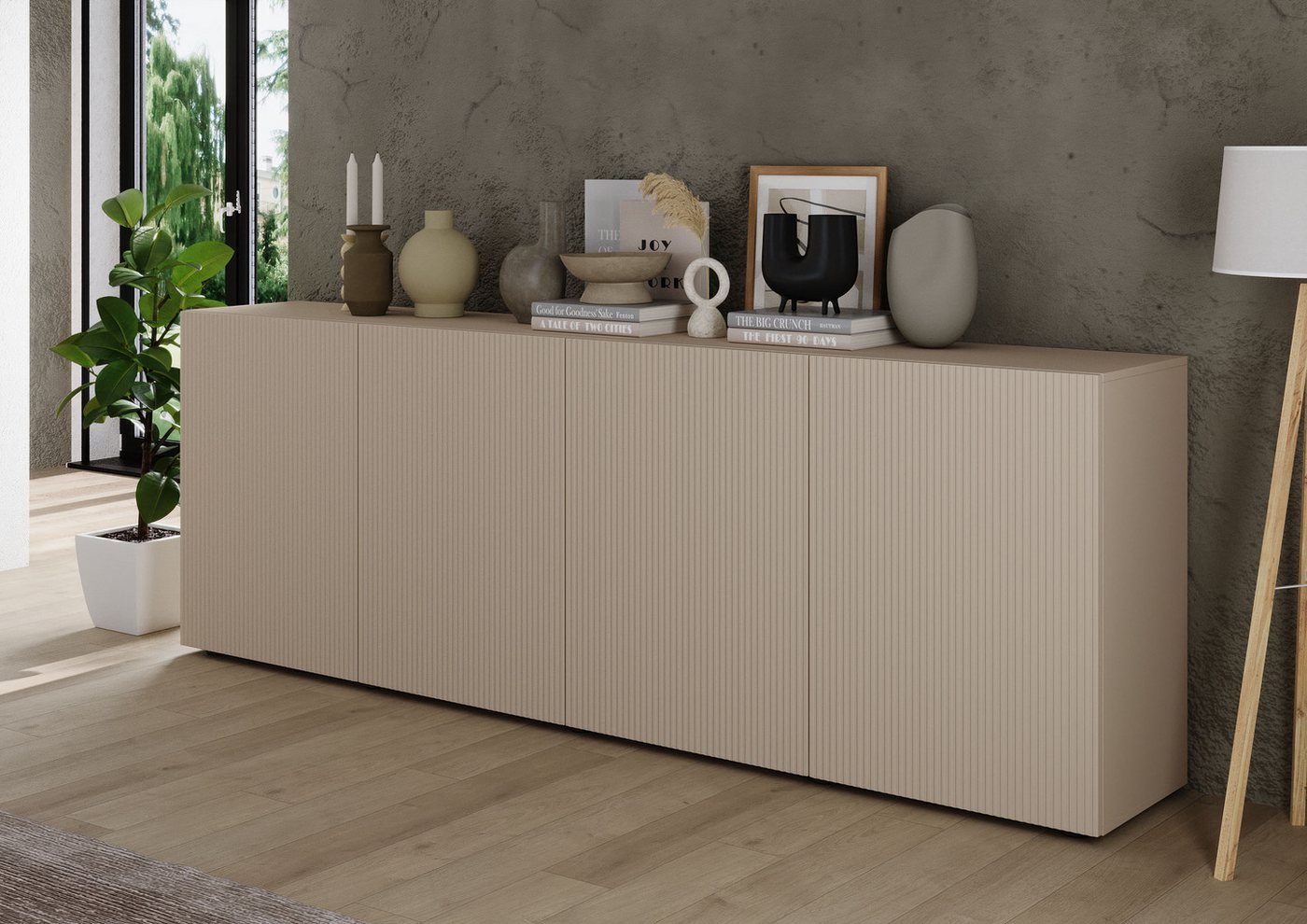 Home affaire Sideboard Rio Breite 240 cm, Kommode mit 4 Türen, Anrichte, geriffelte MDF-Fronten, modern u. elegant, viel Stauraum – Bild 5 von 5
