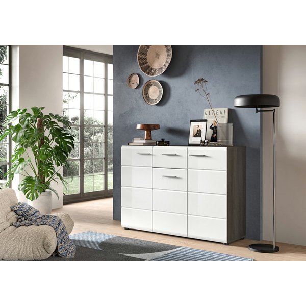 Home affaire Sideboard Rumba, Breite 120cm, in Rauchsilber Nachbildung/Weiß Hochglanz, Kommode, Sideboard, Schrank