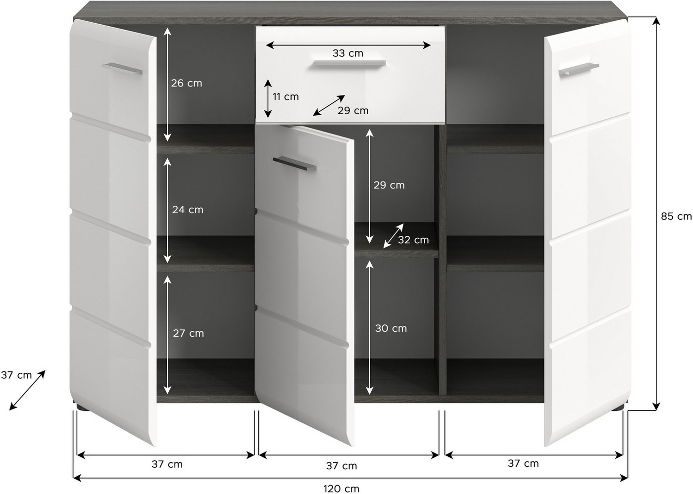 Home affaire Sideboard Rumba, Breite 120cm, in Rauchsilber Nachbildung/Weiß Hochglanz, Kommode, Sideboard, Schrank – Bild 5 von 5