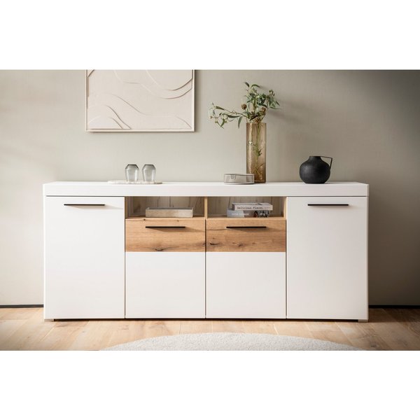 Home affaire Sideboard Salerno, moderner Schrank, Highboard in Weiß mit Eiche Evoke Dekor, Metallgriffe, ausreichend Stauraum, vielseitig einsetzbar, 205cm brei