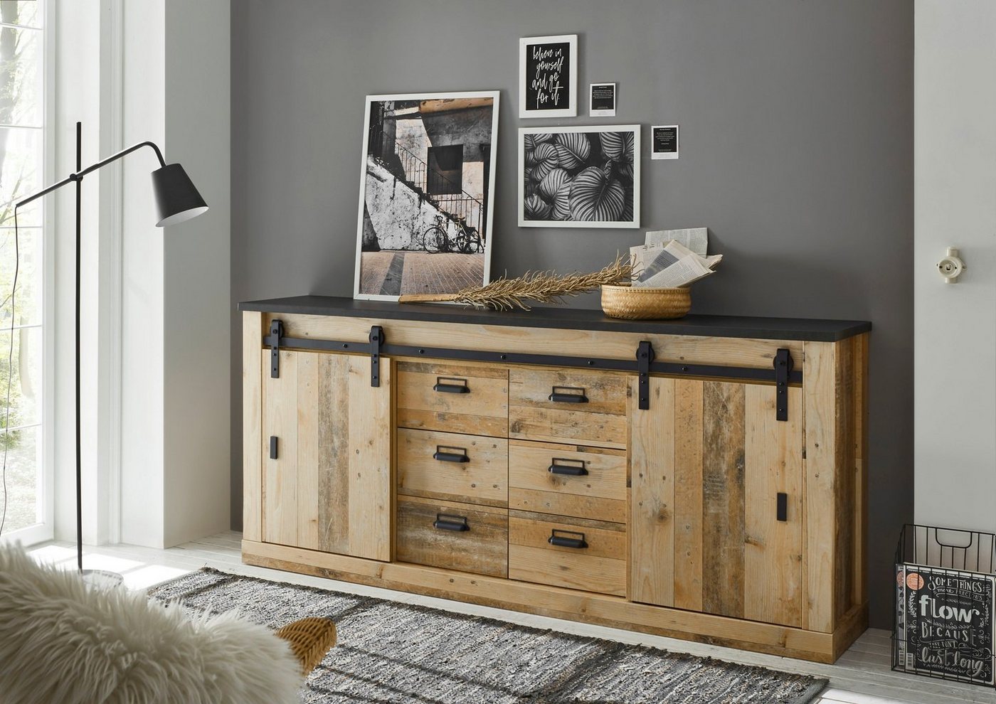 Home affaire Sideboard Sherwood, Kommode im Industrial-Style, Schrank, Stauraumelement, mit Scheunentorbeschlag & Apothekergriffen, in 2 Farben erhältlich – Bild 2 von 5